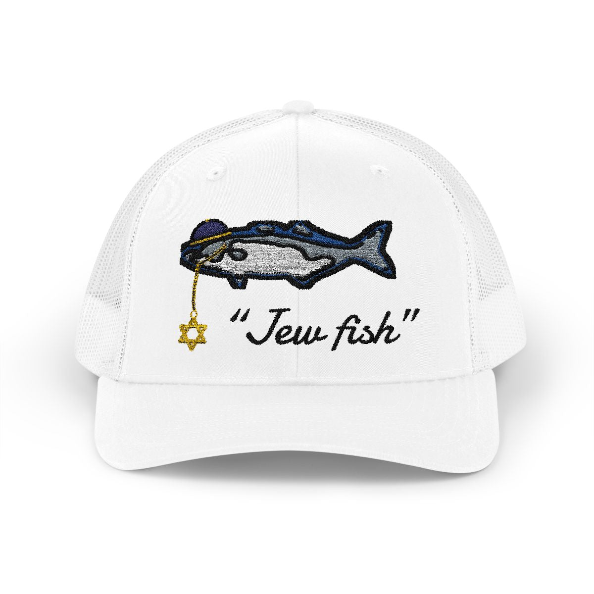 White "Jew fish" bluefish trucker hat, front view: bluefish in a kippah with a Star of David chain