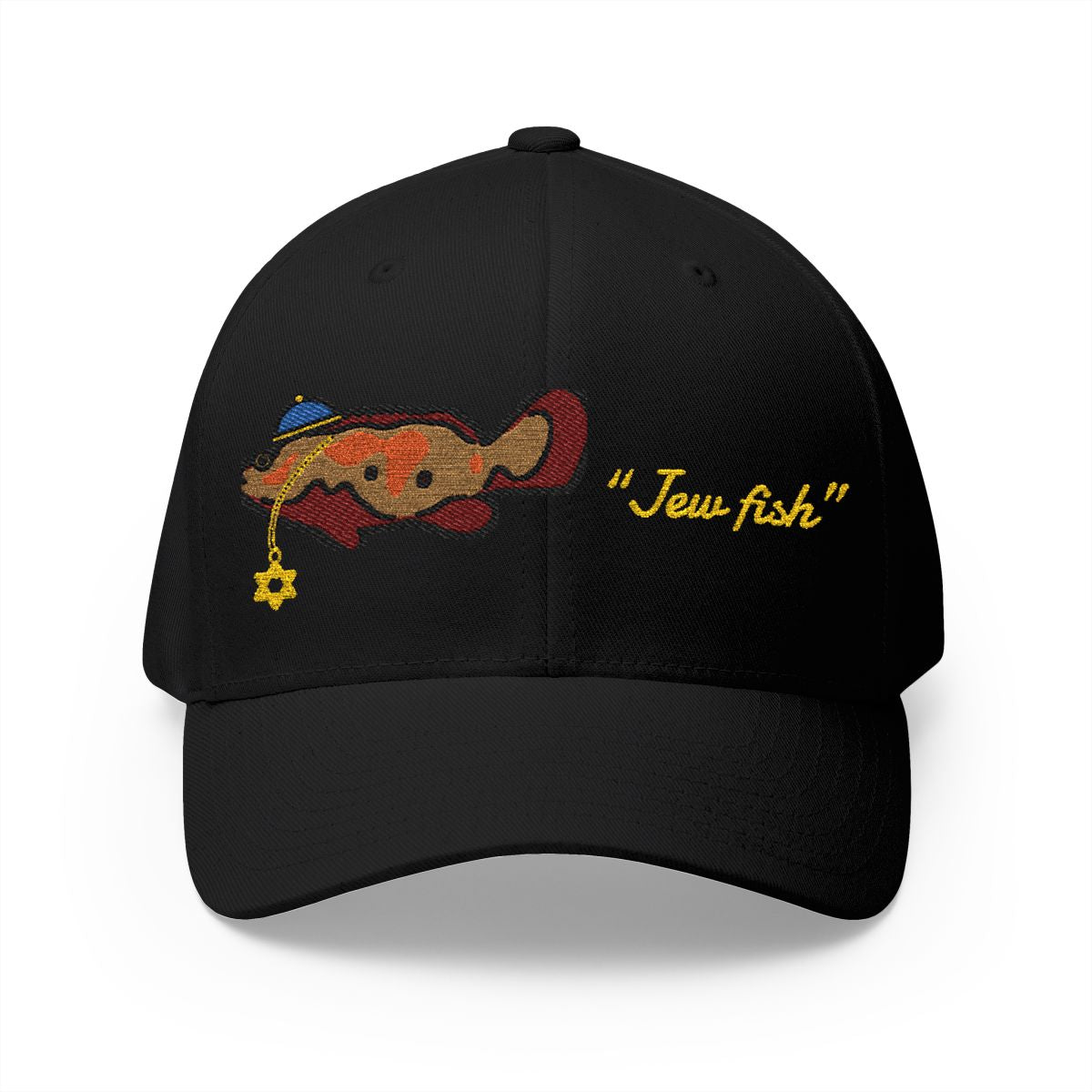 Black "Jew fish" Goliath grouper fitted cap, front view: Goliath grouper in a kippah with a Star of David chain
