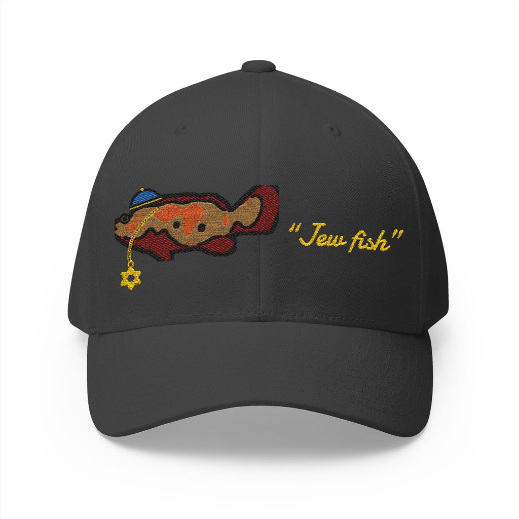 Dark Grey "Jew fish" Goliath grouper fitted cap, front view: Goliath grouper in a kippah with a Star of David chain