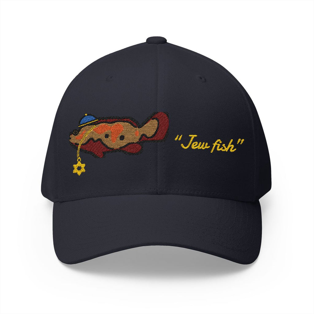 Dark Navy "Jew fish" Goliath grouper fitted cap, front view: Goliath grouper in a kippah with a Star of David chain