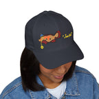 Person wearing the Dark Navy "Jew fish" Goliath grouper fitted cap, front view