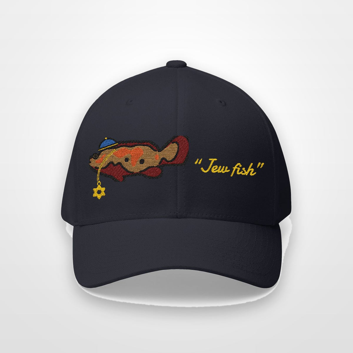 Dark Navy "Jew fish" Goliath grouper fitted cap, front view on a plain backdrop: Goliath grouper in a kippah