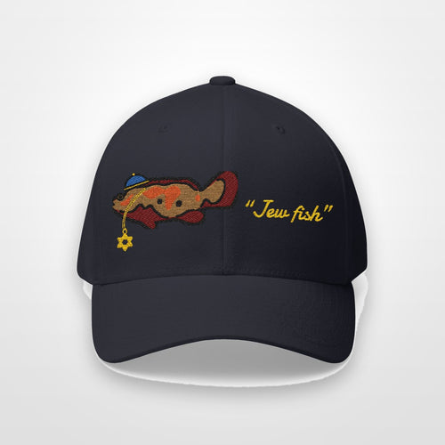 Dark Navy "Jew fish" Goliath grouper fitted cap, front view on a plain backdrop: Goliath grouper in a kippah
