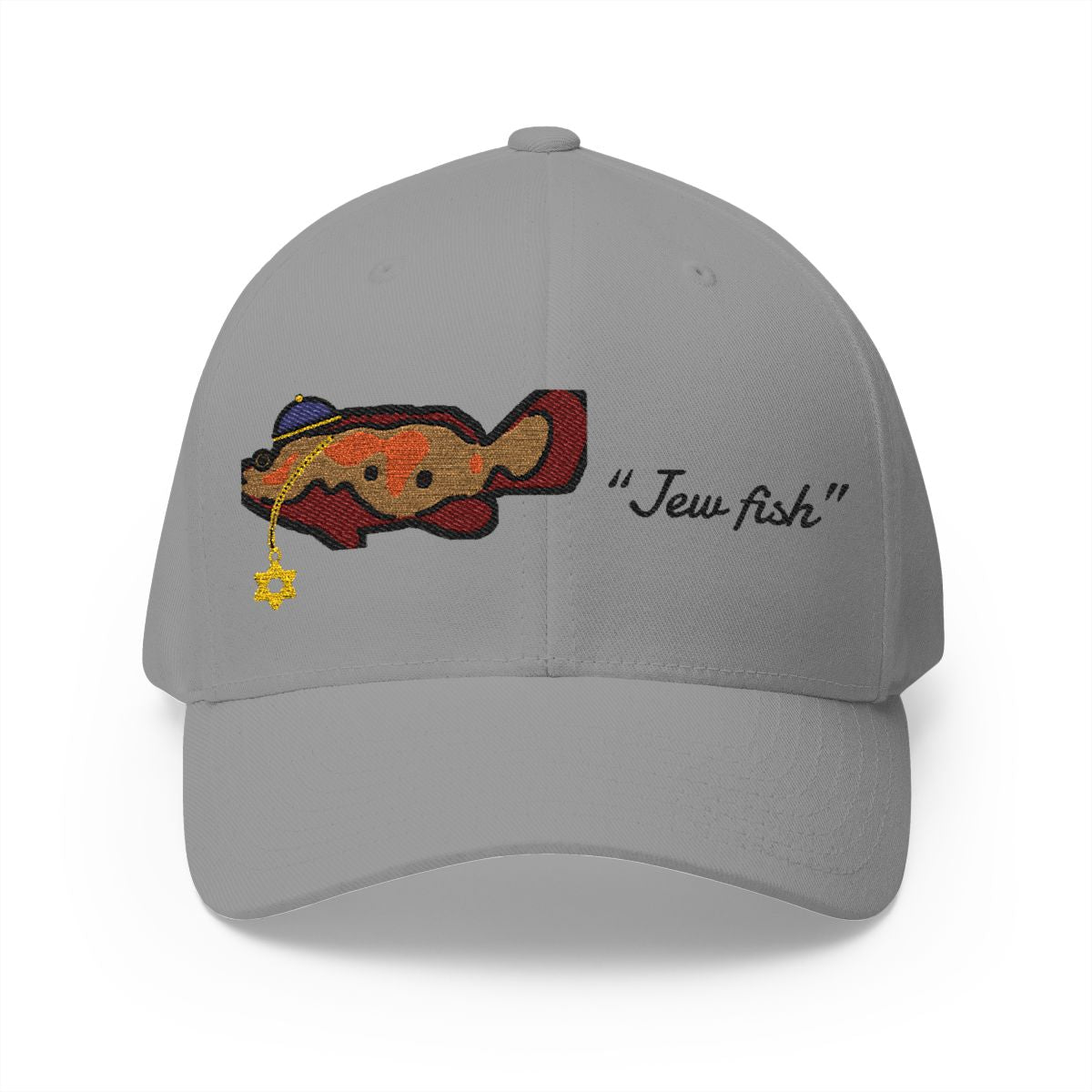 Grey "Jew fish" Goliath grouper fitted cap, front view: Goliath grouper in a kippah with a Star of David chain