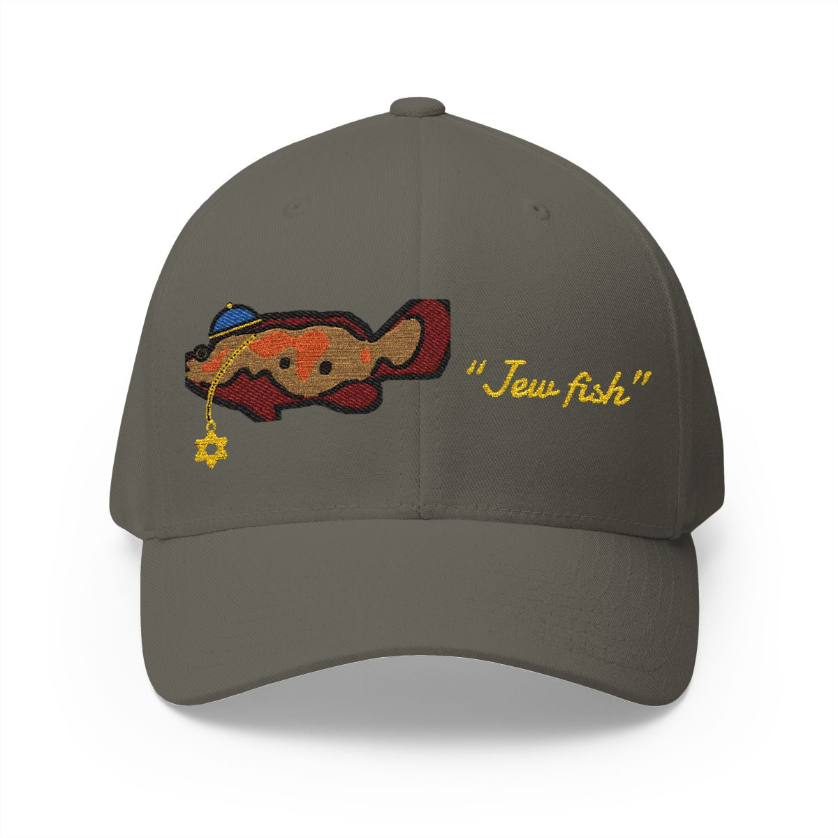 Olive "Jew fish" Goliath grouper fitted cap, front view: Goliath grouper in a kippah with a Star of David chain