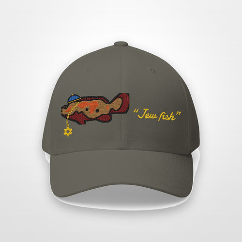 Olive "Jew fish" Goliath grouper fitted cap, front view on a plain backdrop: Goliath grouper in a kippah