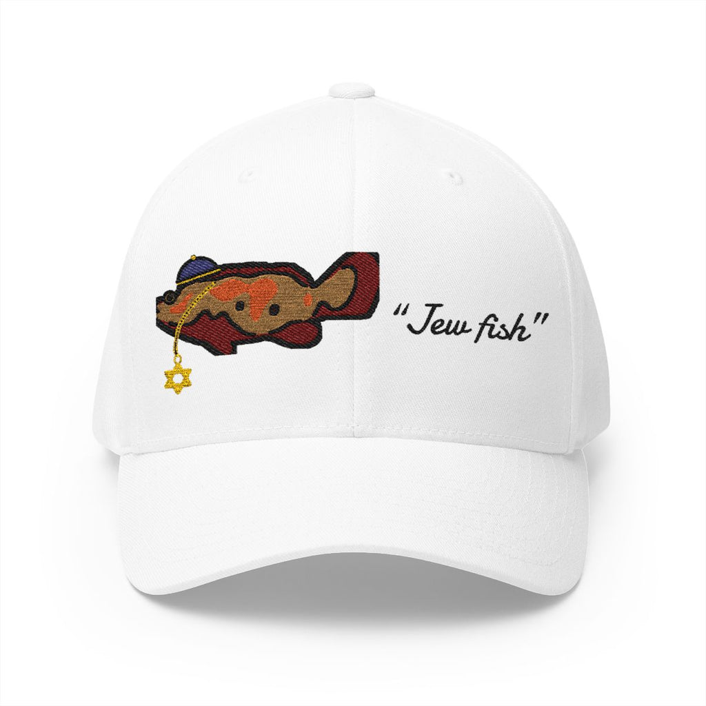 White "Jew fish" Goliath grouper fitted cap, front view: Goliath grouper in a kippah with a Star of David chain