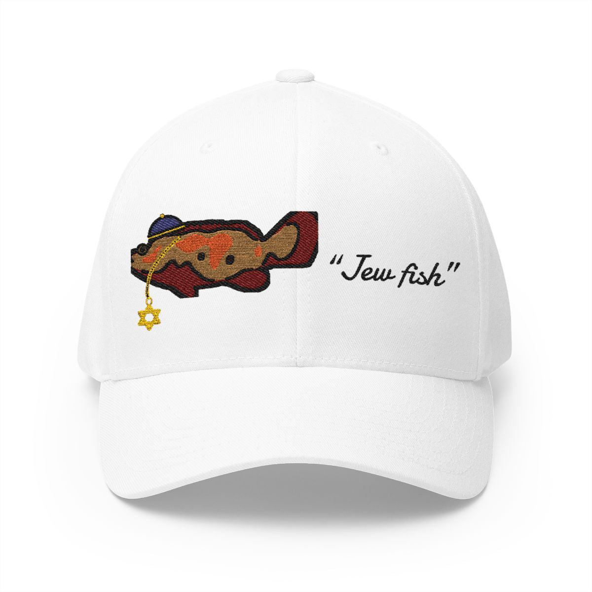 White "Jew fish" Goliath grouper fitted cap, front view: Goliath grouper in a kippah with a Star of David chain