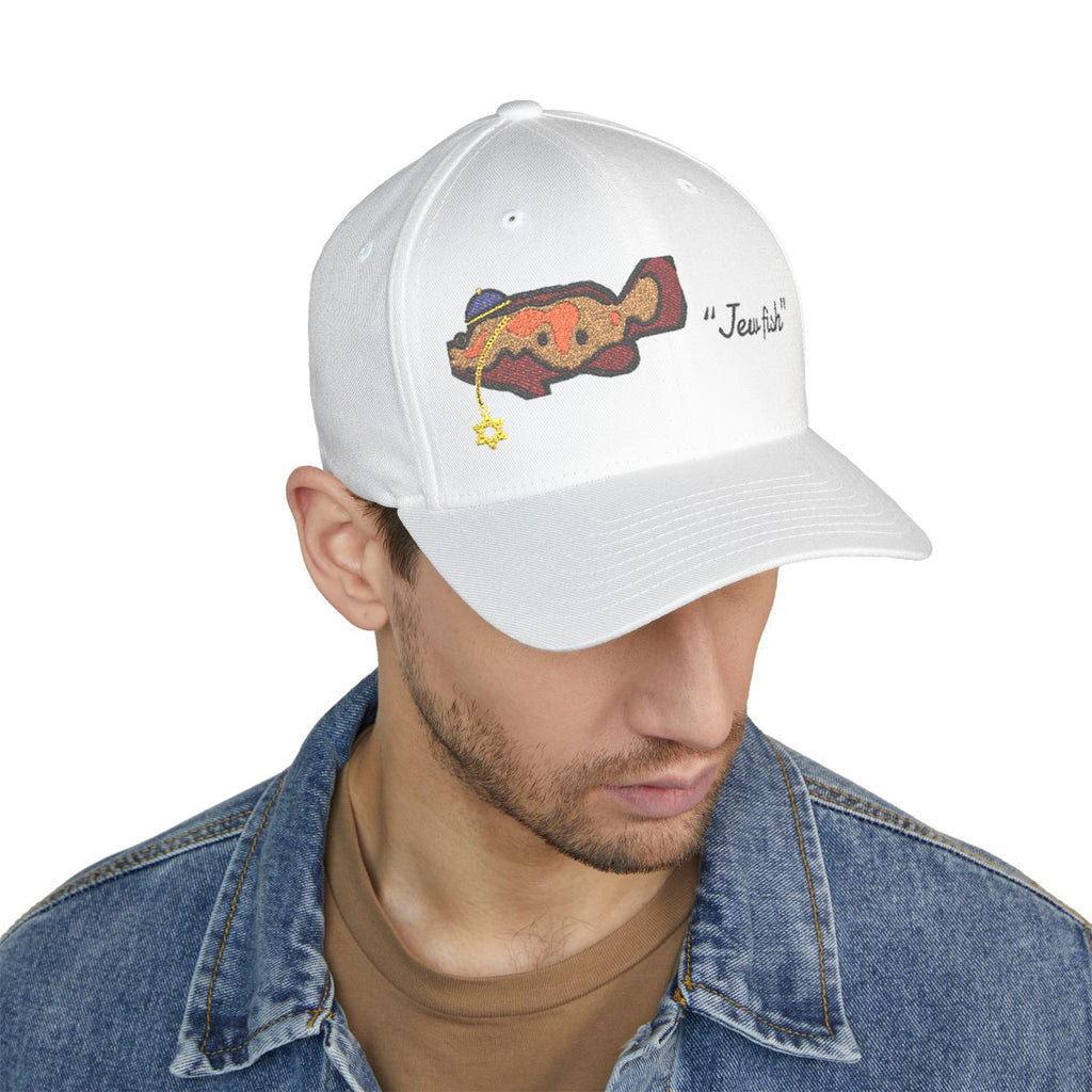 Person wearing the White "Jew fish" Goliath grouper fitted cap, front view