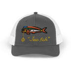 Charcoal and White "Jew fish" mahi trucker hat, front view: mahi in a kippah with a Star of David chain