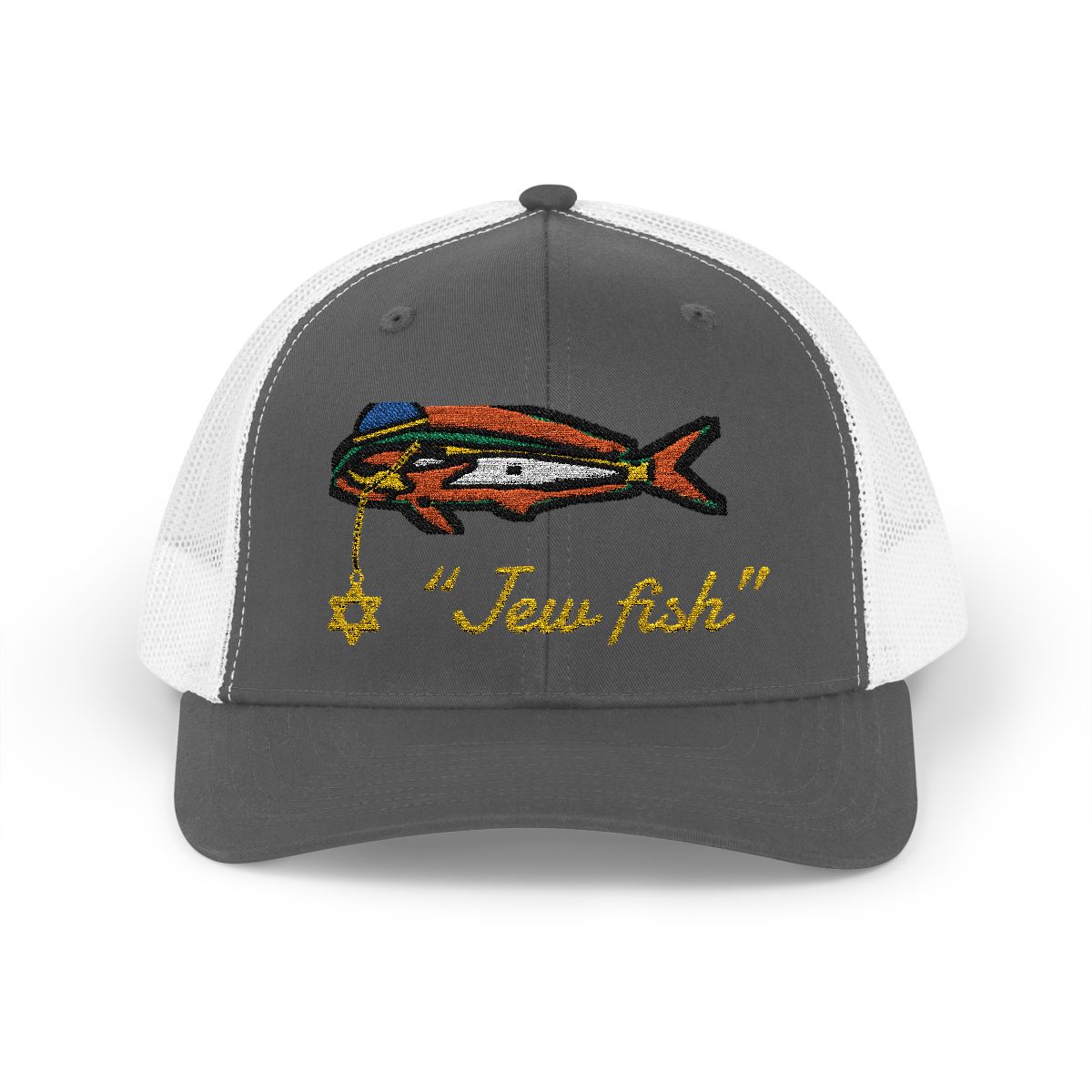 Charcoal and White "Jew fish" mahi trucker hat, front view: mahi in a kippah with a Star of David chain