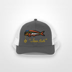 Charcoal and White "Jew fish" mahi trucker hat, front view on a plain backdrop: mahi in a kippah