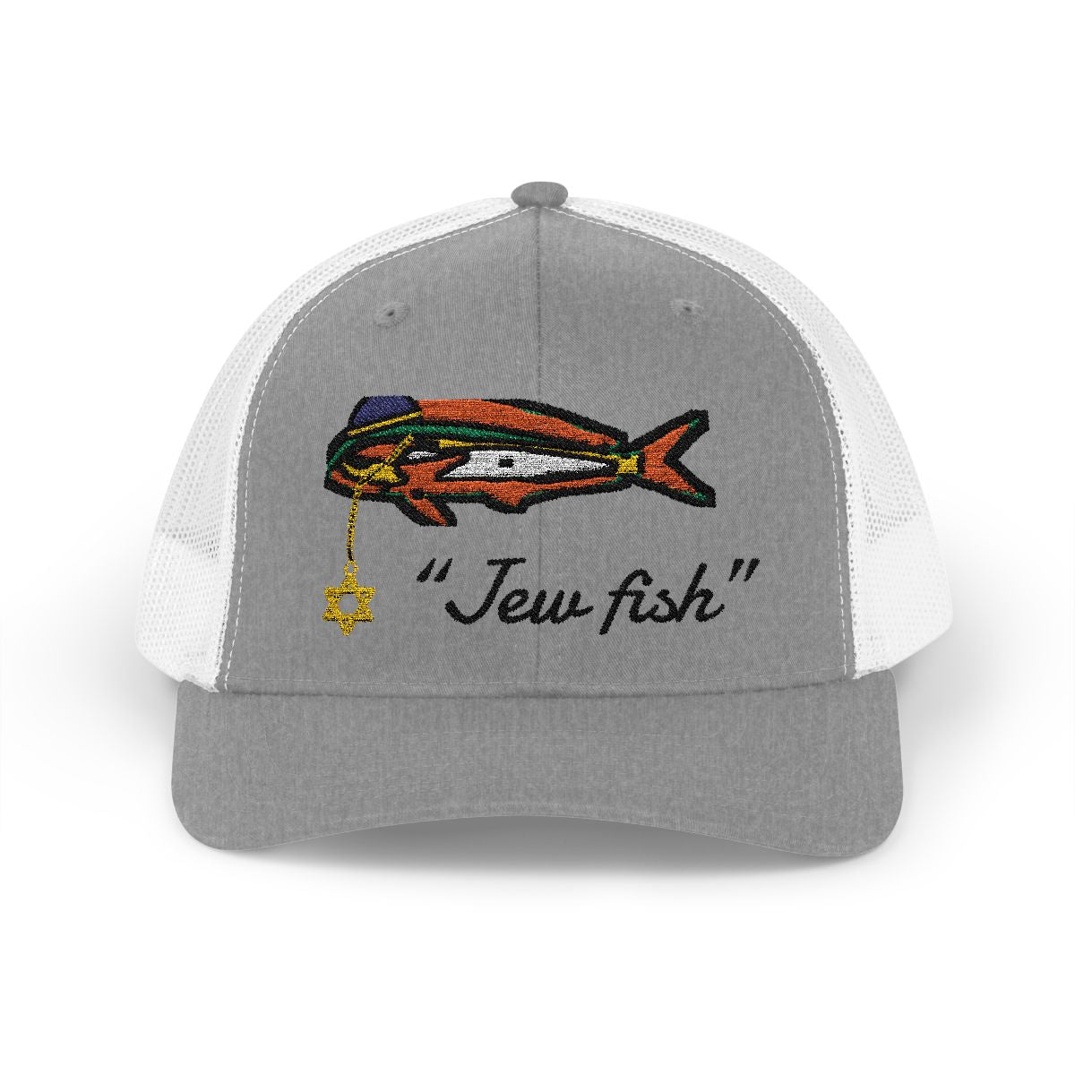 Heather Grey and White "Jew fish" mahi trucker hat, front view: mahi in a kippah with a Star of David chain