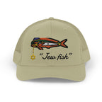 Khaki "Jew fish" mahi trucker hat, front view: mahi in a kippah with a Star of David chain