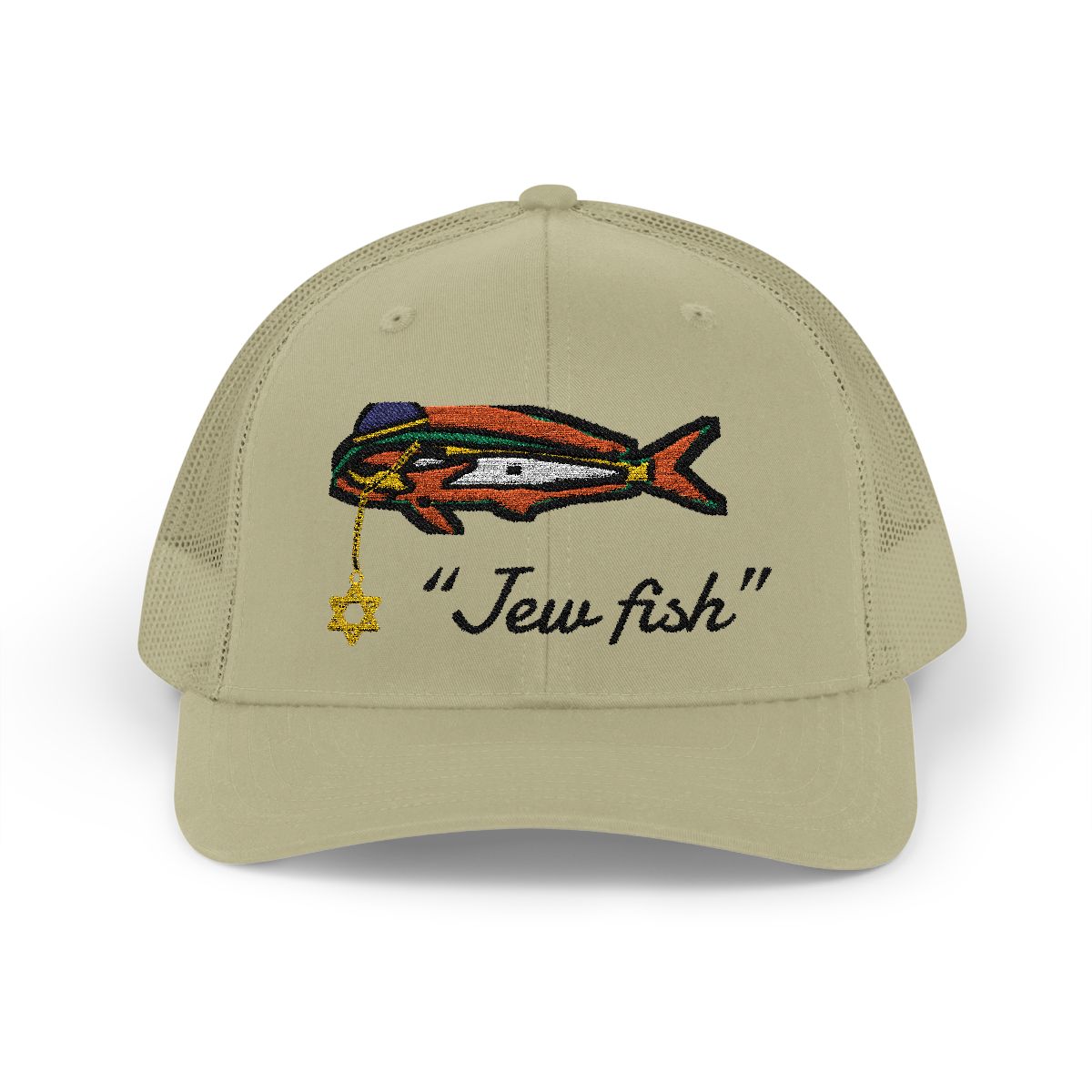 Khaki "Jew fish" mahi trucker hat, front view: mahi in a kippah with a Star of David chain