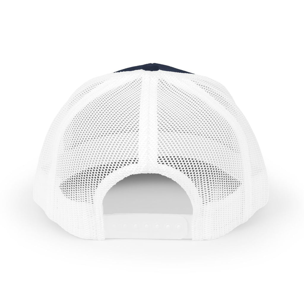 Navy and White "Jew fish" mahi trucker hat, back view
