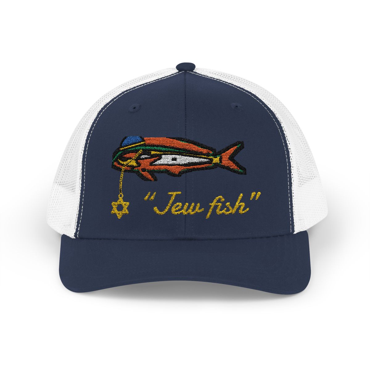 Navy and White "Jew fish" mahi trucker hat, front view: mahi in a kippah with a Star of David chain