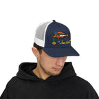 Person wearing the Navy and White "Jew fish" mahi trucker hat, front view