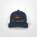 Navy and White "Jew fish" mahi trucker hat, front view on a plain backdrop: mahi in a kippah