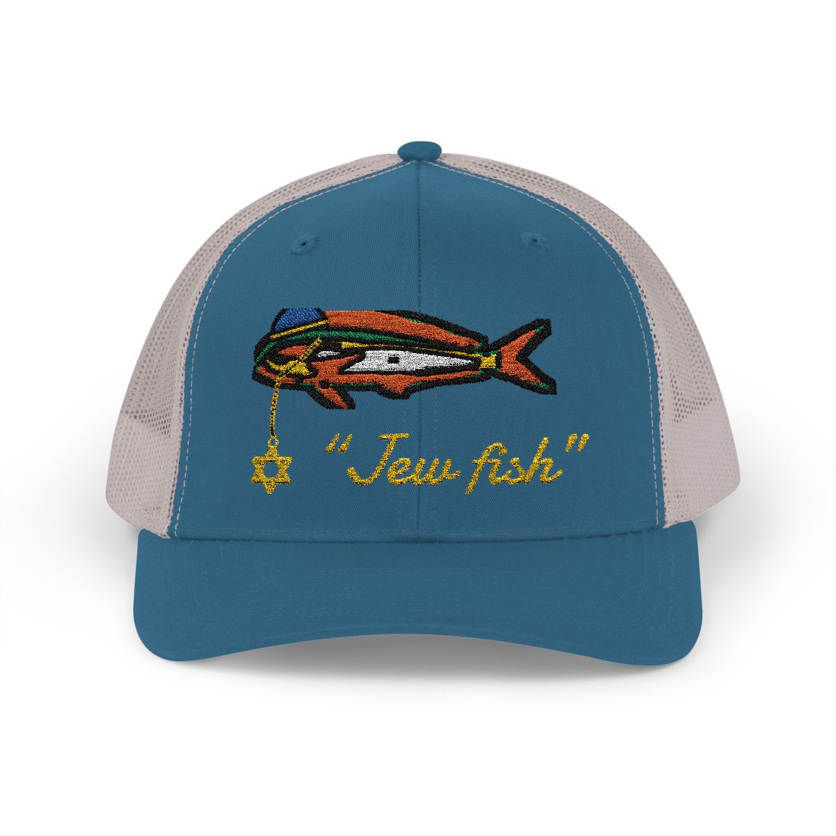 Steel Blue and Silver "Jew fish" mahi trucker hat, front view: mahi in a kippah with a Star of David chain
