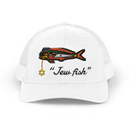 White "Jew fish" mahi trucker hat, front view: mahi in a kippah with a Star of David chain