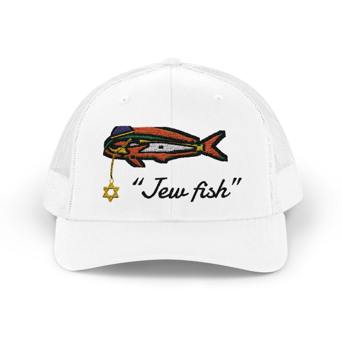 White "Jew fish" mahi trucker hat, front view: mahi in a kippah with a Star of David chain