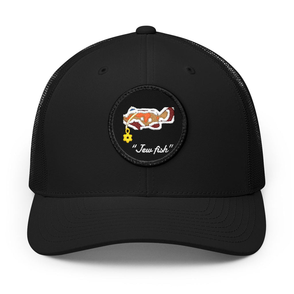 Black, black patch "Jew fish" Goliath grouper patch trucker hat, front view: Goliath grouper in a kippah with a Star of David chain