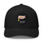 Black, black patch "Jew fish" Goliath grouper patch trucker hat, front view: Goliath grouper in a kippah with a Star of David chain