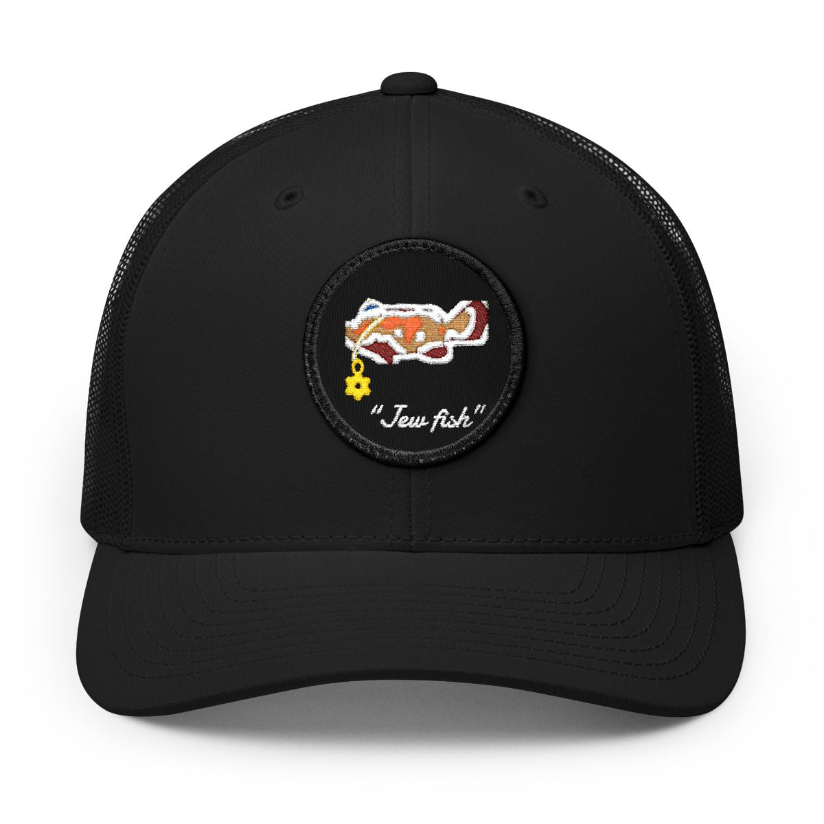 Black, black patch "Jew fish" Goliath grouper patch trucker hat, front view: Goliath grouper in a kippah with a Star of David chain