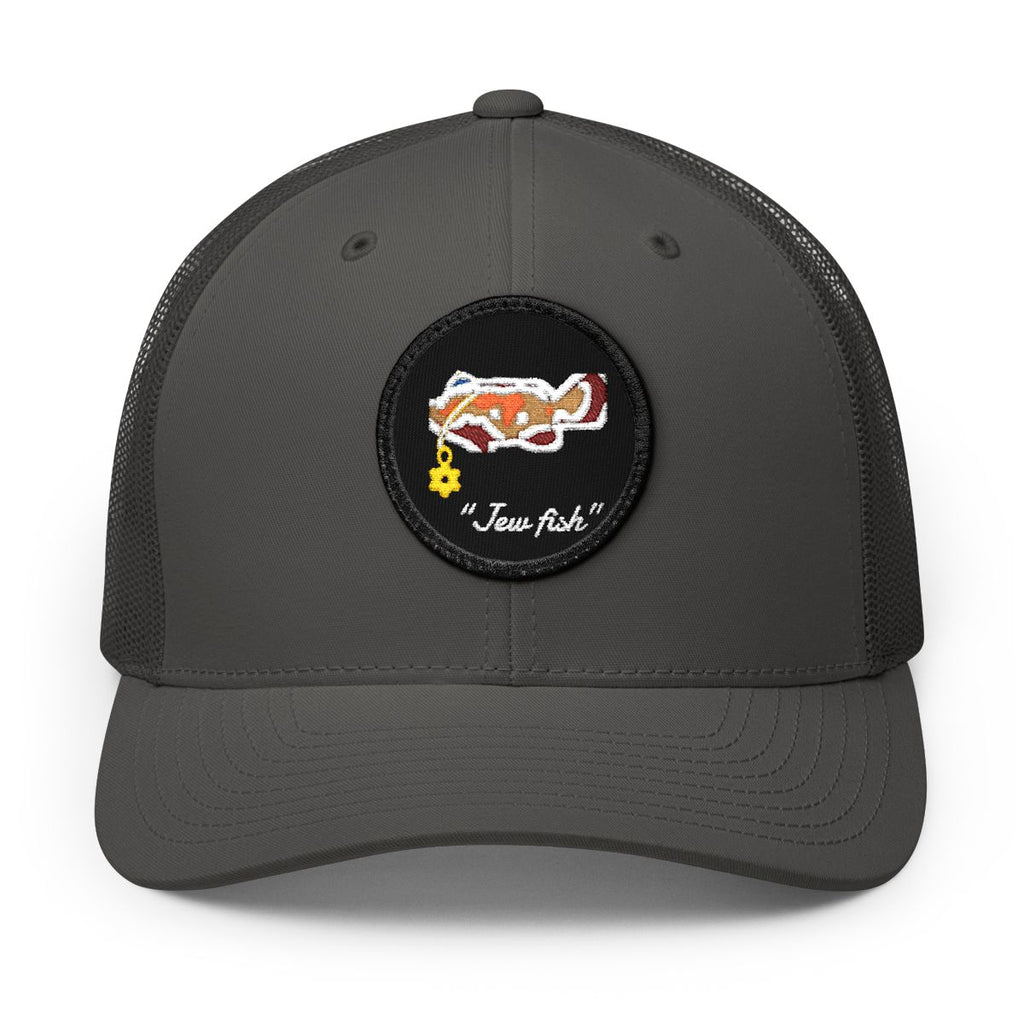 Charcoal, black patch "Jew fish" Goliath grouper patch trucker hat, front view: Goliath grouper in a kippah with a Star of David chain