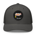 Charcoal, black patch "Jew fish" Goliath grouper patch trucker hat, front view: Goliath grouper in a kippah with a Star of David chain