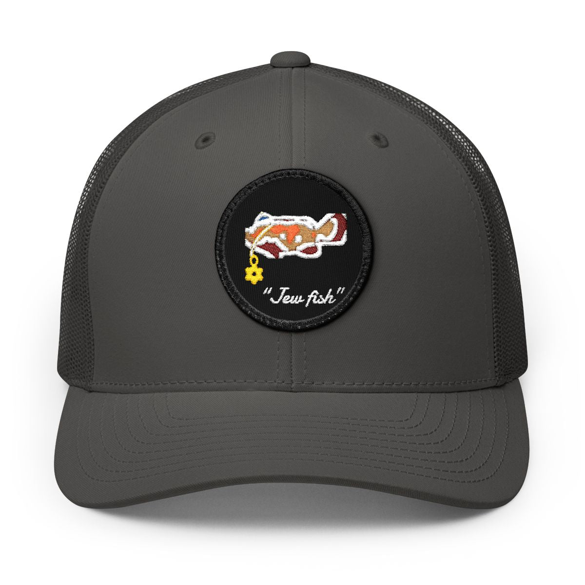 Charcoal, black patch "Jew fish" Goliath grouper patch trucker hat, front view: Goliath grouper in a kippah with a Star of David chain
