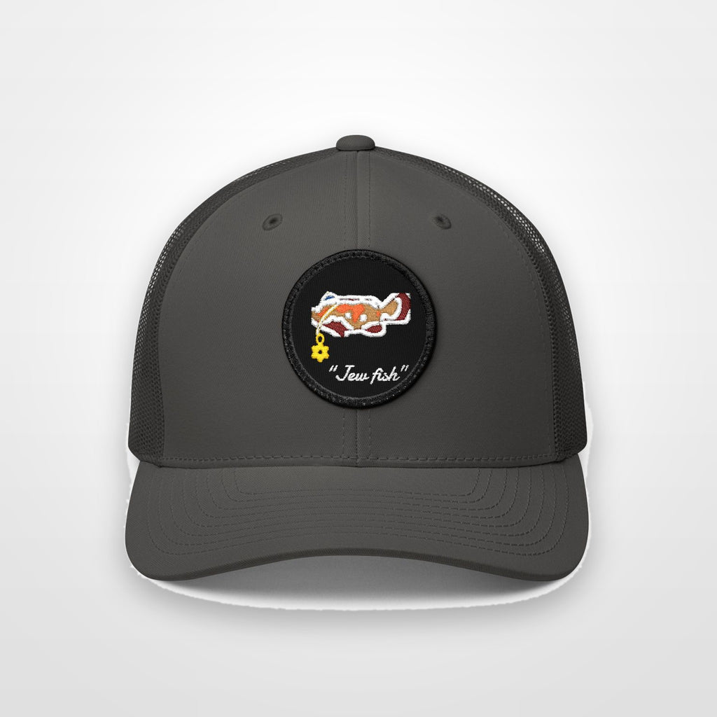 Charcoal, black patch "Jew fish" Goliath grouper patch trucker hat, front view on a plain backdrop: Goliath grouper in a kippah