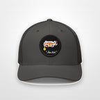Charcoal, black patch "Jew fish" Goliath grouper patch trucker hat, front view on a plain backdrop: Goliath grouper in a kippah