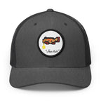 Dark Heather Gray, white patch "Jew fish" Goliath grouper patch trucker hat, front view: Goliath grouper in a kippah with a Star of David chain