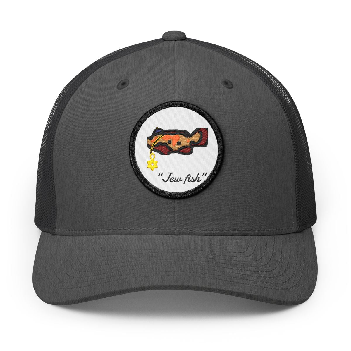Dark Heather Gray, white patch "Jew fish" Goliath grouper patch trucker hat, front view: Goliath grouper in a kippah with a Star of David chain