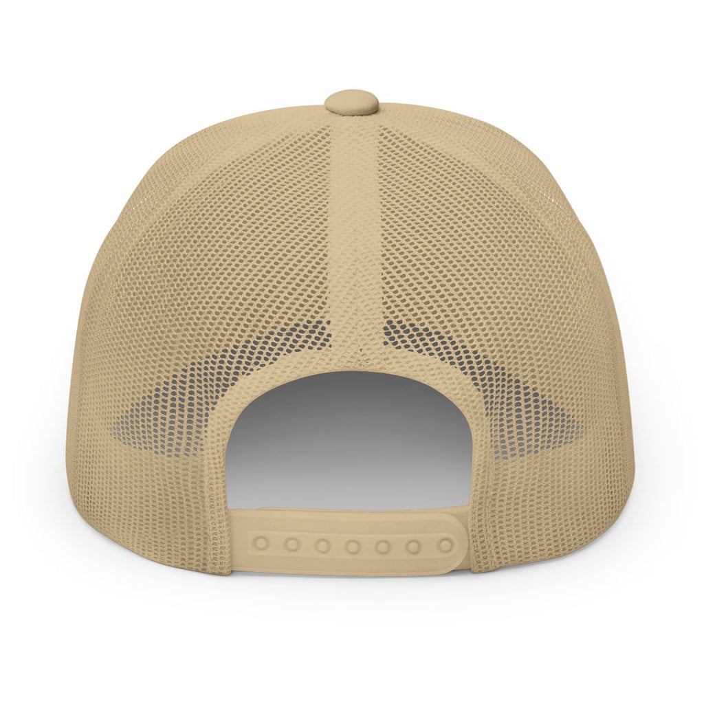 Khaki, white patch "Jew fish" Goliath grouper patch trucker hat, back view