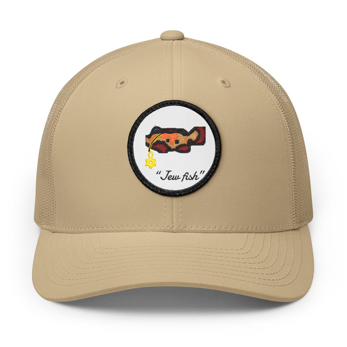 Khaki, white patch "Jew fish" Goliath grouper patch trucker hat, front view: Goliath grouper in a kippah with a Star of David chain