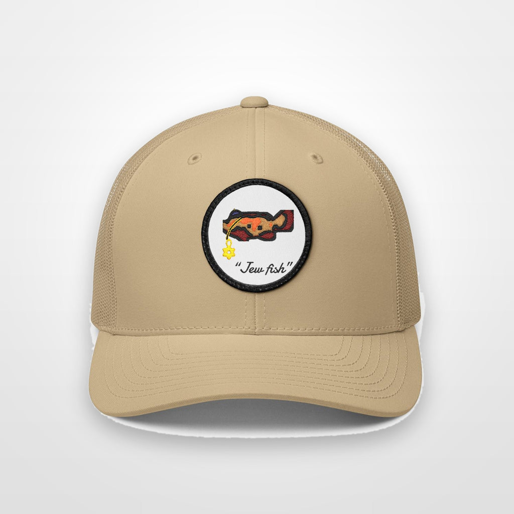 Khaki, white patch "Jew fish" Goliath grouper patch trucker hat, front view on a plain backdrop: Goliath grouper in a kippah