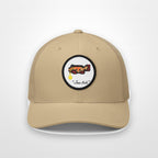 Khaki, white patch "Jew fish" Goliath grouper patch trucker hat, front view on a plain backdrop: Goliath grouper in a kippah