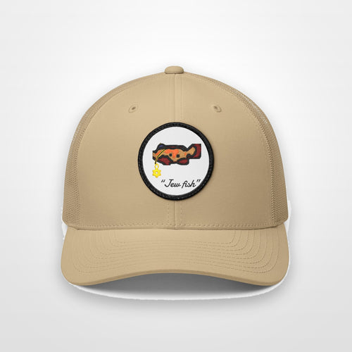 Khaki, white patch "Jew fish" Goliath grouper patch trucker hat, front view on a plain backdrop: Goliath grouper in a kippah