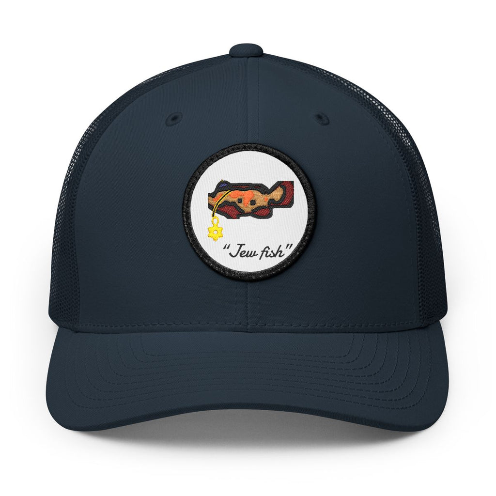Navy, white patch "Jew fish" Goliath grouper patch trucker hat, front view: Goliath grouper in a kippah with a Star of David chain