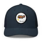 Navy, white patch "Jew fish" Goliath grouper patch trucker hat, front view: Goliath grouper in a kippah with a Star of David chain