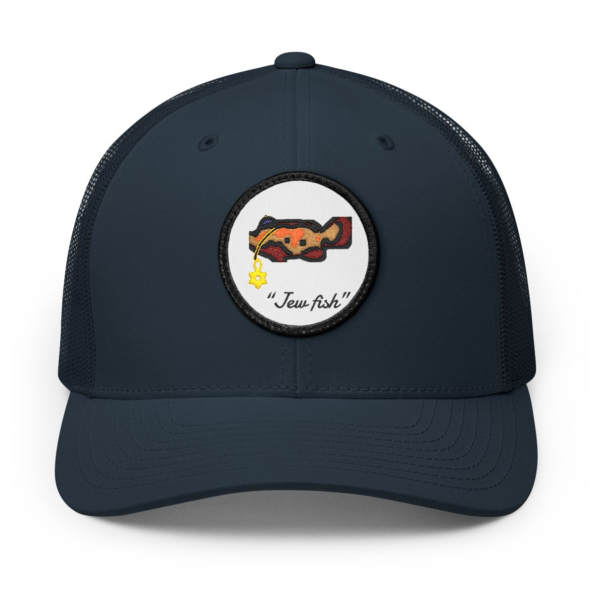 Navy, white patch "Jew fish" Goliath grouper patch trucker hat, front view: Goliath grouper in a kippah with a Star of David chain