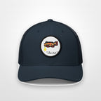 Navy, white patch "Jew fish" Goliath grouper patch trucker hat, front view on a plain backdrop: Goliath grouper in a kippah