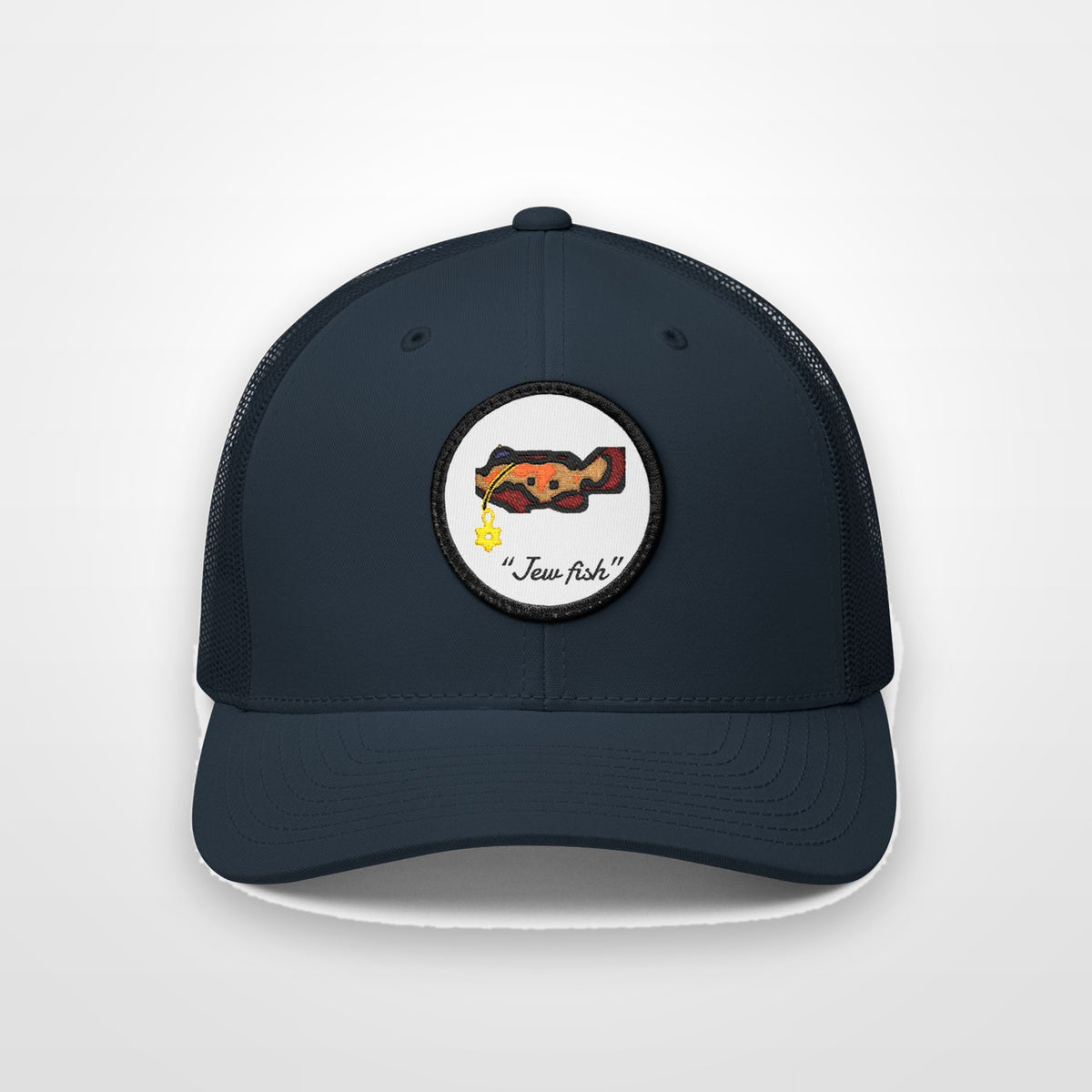 Navy, white patch "Jew fish" Goliath grouper patch trucker hat, front view on a plain backdrop: Goliath grouper in a kippah