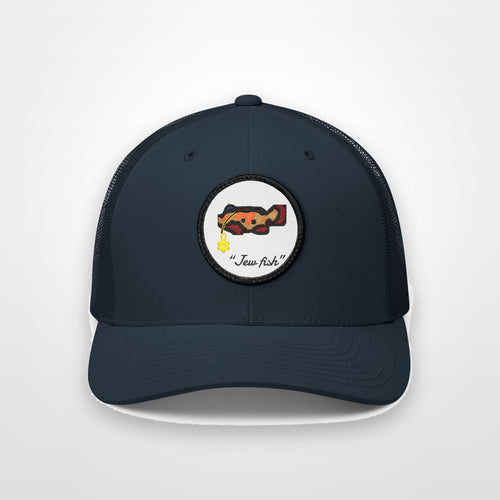 Navy, white patch "Jew fish" Goliath grouper patch trucker hat, front view on a plain backdrop: Goliath grouper in a kippah