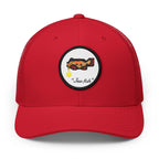 Red, white patch "Jew fish" Goliath grouper patch trucker hat, front view: Goliath grouper in a kippah with a Star of David chain