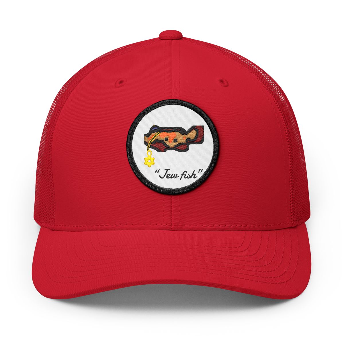 Red, white patch "Jew fish" Goliath grouper patch trucker hat, front view: Goliath grouper in a kippah with a Star of David chain