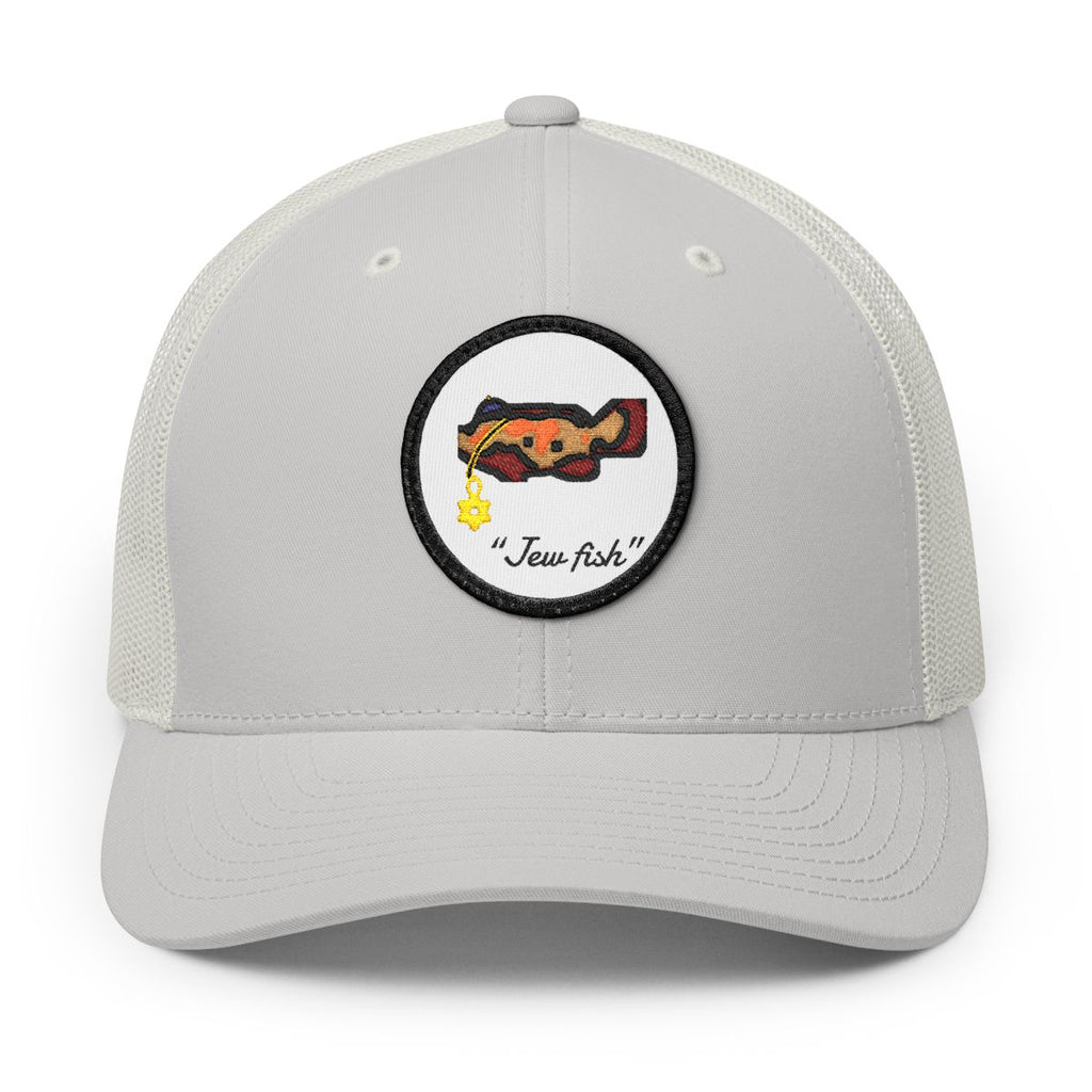 Silver, white patch "Jew fish" Goliath grouper patch trucker hat, front view: Goliath grouper in a kippah with a Star of David chain